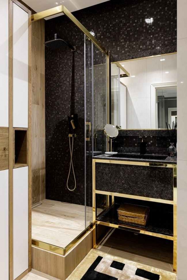 Черный цвет с золотом в интерьере ванной
