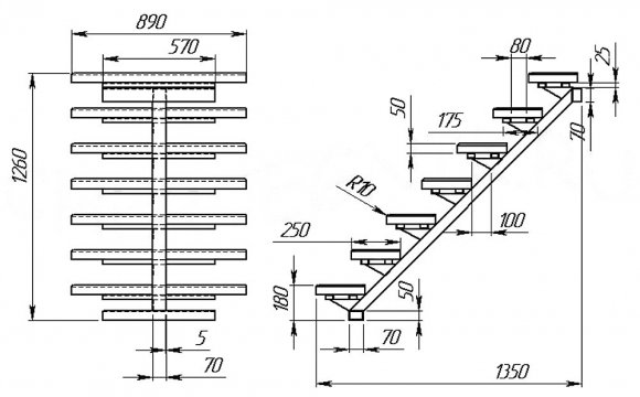 Чертеж металлической лестницы на одном косоуре