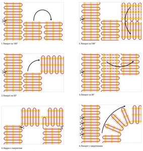Варианты схем укладки нагревательных матов с поворотом на 90 и 180 градусов