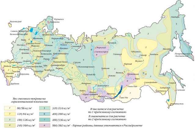 Снеговая нагрузка в регионах России - карта