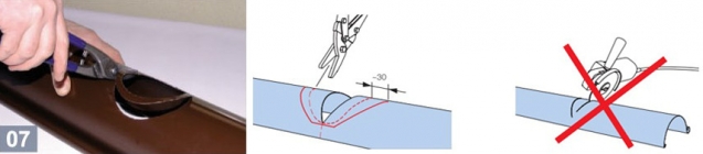 Вырезание отверстия под водосточную воронку и правила раскроя желоба